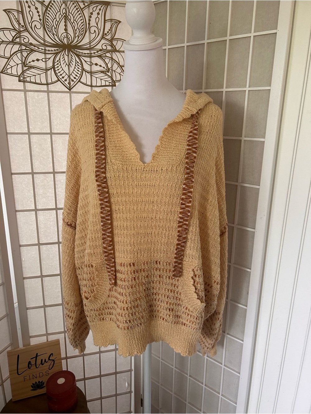 Democracy Oversized Marigold Open-Knit Hooded Sweater Size XL